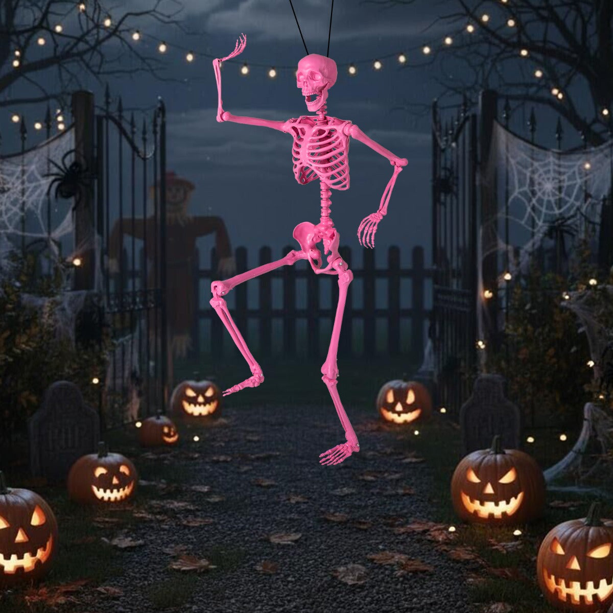 Halloween – skelett, livsstort, poserbart med rörliga leder, dekoration – 160 cm – Rosa