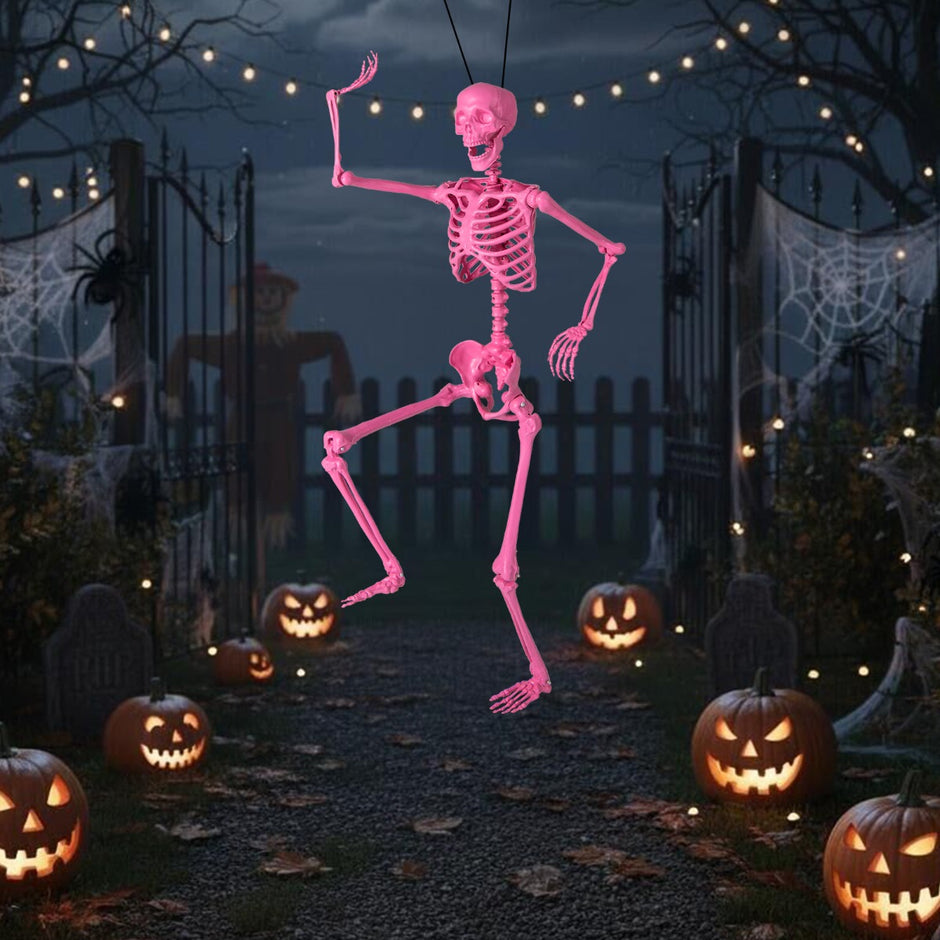 Halloween – skelett, livsstort, poserbart med rörliga leder, dekoration – 160 cm – Rosa
