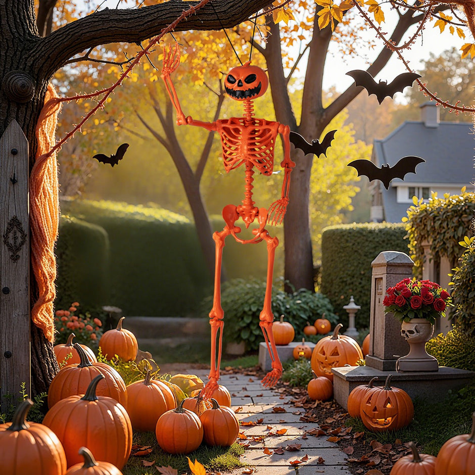 Halloween – skelett Livsstort som kan ställas i olika positioner, med pumpahuvud och rörliga leder – 16 m – Orange