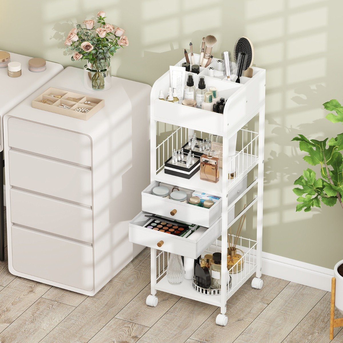 Makeup – förvaringsvagn med lådor och hjul hyllor kosmetikorganisatör – Vit