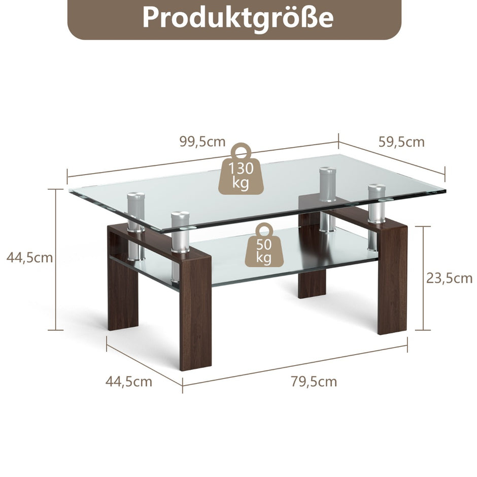 Glasbord – Kaffeebord med nedersta hylla Soffbord – 99,5 x 59,5 x 44,5 cm – Genomskinlig