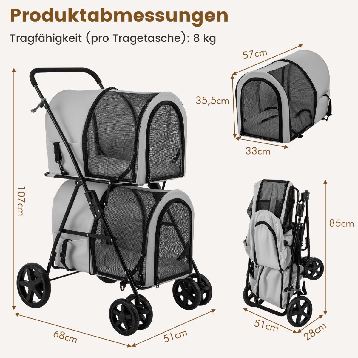 vånings – hundvagn upp till med nätfönster och dryckeshållare – 2 16 kg – Grå