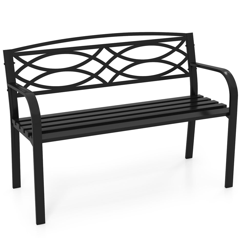 Trädgårdsbänk – Metall väderbeständig sittbänk för personer balkongbänk med ryggstöd och armstöd – 2 116 x 49 x 83 cm – Svart