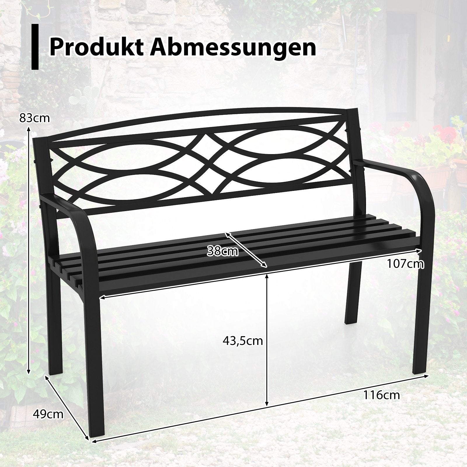 Trädgårdsbänk – Metall väderbeständig sittbänk för personer balkongbänk med ryggstöd och armstöd – 2 116 x 49 x 83 cm – Svart