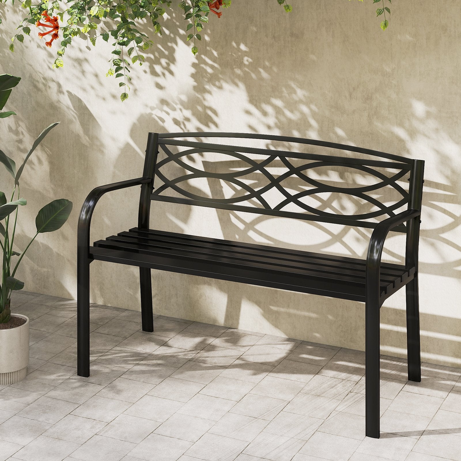 Trädgårdsbänk – Metall väderbeständig sittbänk för personer balkongbänk med ryggstöd och armstöd – 2 116 x 49 x 83 cm – Svart