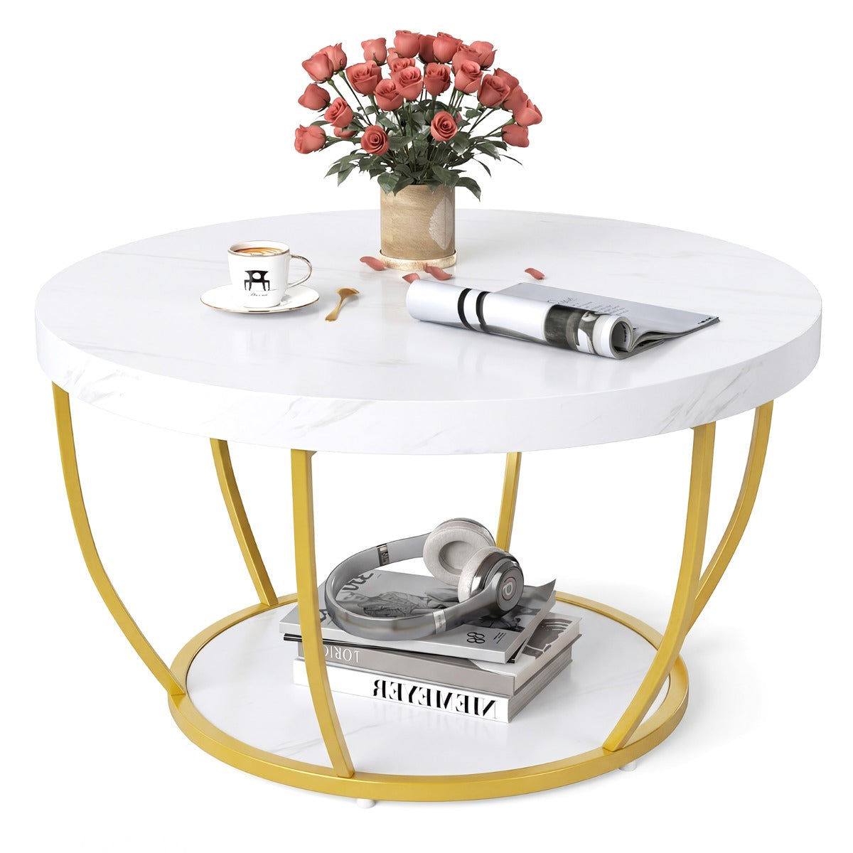 Soffbord – runt Sofabord Trä med Nivåer och Metallram Vardagsrumsbord Kaffebord – 2 – Vit