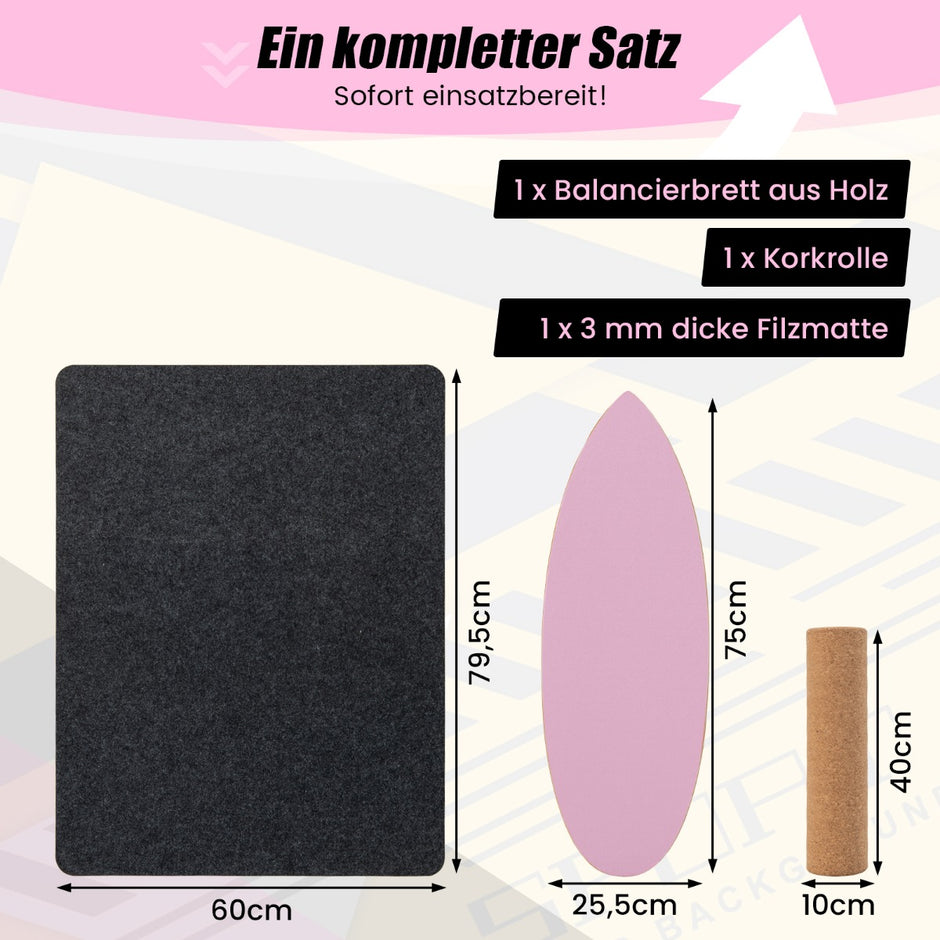Balansbräda – i trä tränare Trickbräda för hemmet inkl. Korkrulle – Rosa