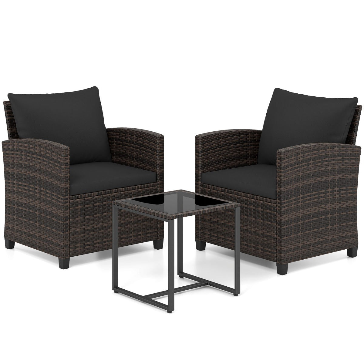 Rattan – Balkongset Inkl. Stolar Med Kudde och Bord I GlasUtomhus Sittinggrupp Balkongmöbler – 2 – Svart