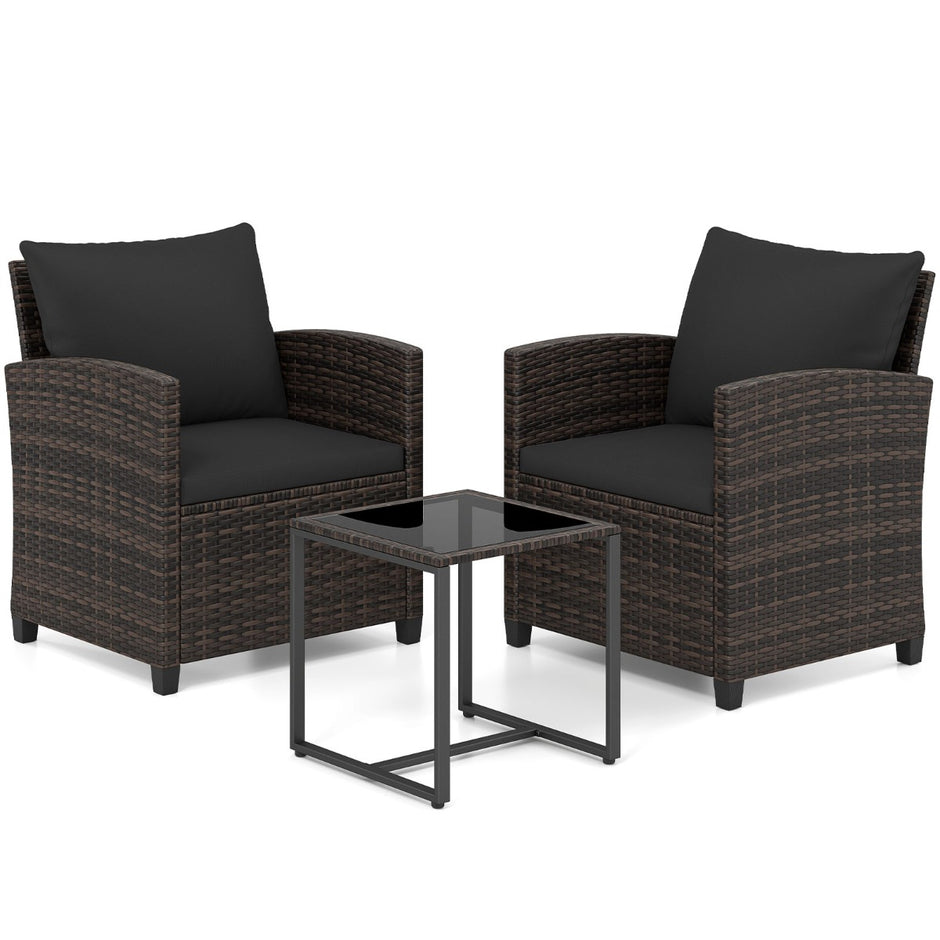 Rattan – Balkongset Inkl. Stolar Med Kudde och Bord I GlasUtomhus Sittinggrupp Balkongmöbler – 2 – Svart