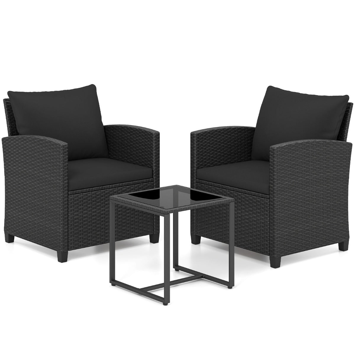 Rattan – Trädgårdsmöbelsätt Inkl. Stolar Med Kuddar och GlasbordUtomhus Sittgrupp – 2 – Svart