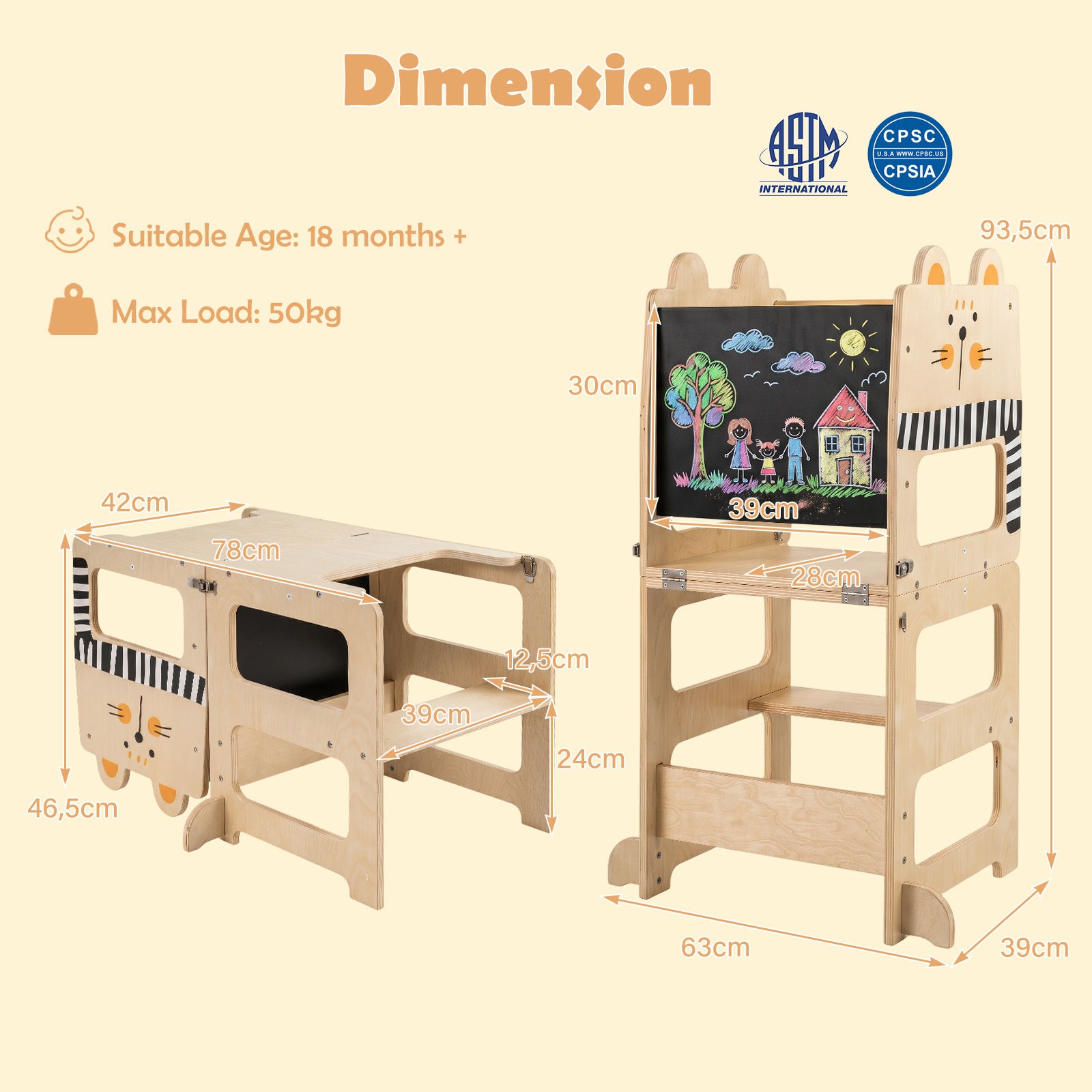 i – lärtorn hopfällbar i trä, klarar belastning upp till för barn från månader, – 3 1 50 kg 18 63 x 39 x 93,5 cm