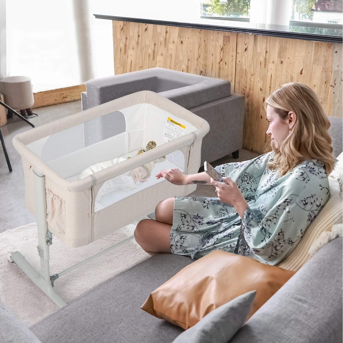 Bärbar – i babyvagga med nivå justerbar höjd och andningsbart meshbeige – 3 1 5 – Beige