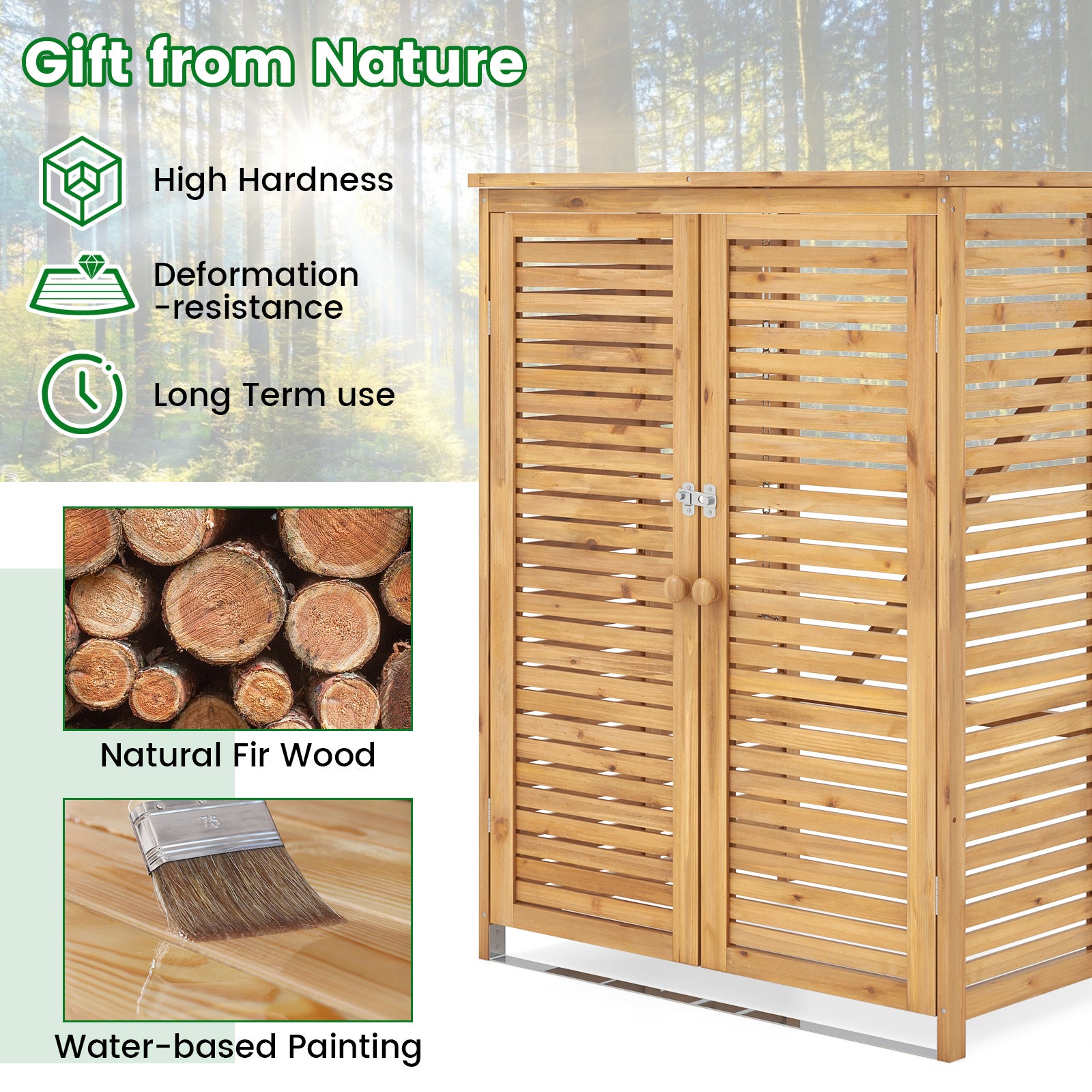 pack – soptunna hus i trä med öppningslock dubbla dörrar och låsbar spärr – 3 120 L – Natur