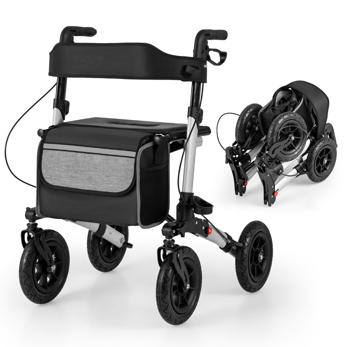 Fällbar – och lätt rollator med luftdäck sittplats i aluminium, upp till kg, i rullstol – 140 2 1 . – Silver