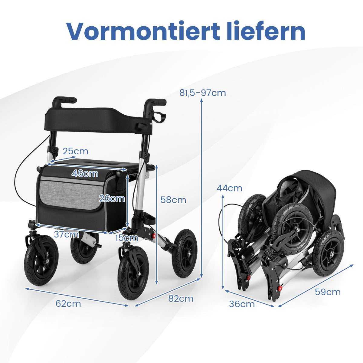 Fällbar – och lätt rollator med luftdäck sittplats i aluminium, upp till kg, i rullstol – 140 2 1 . – Silver