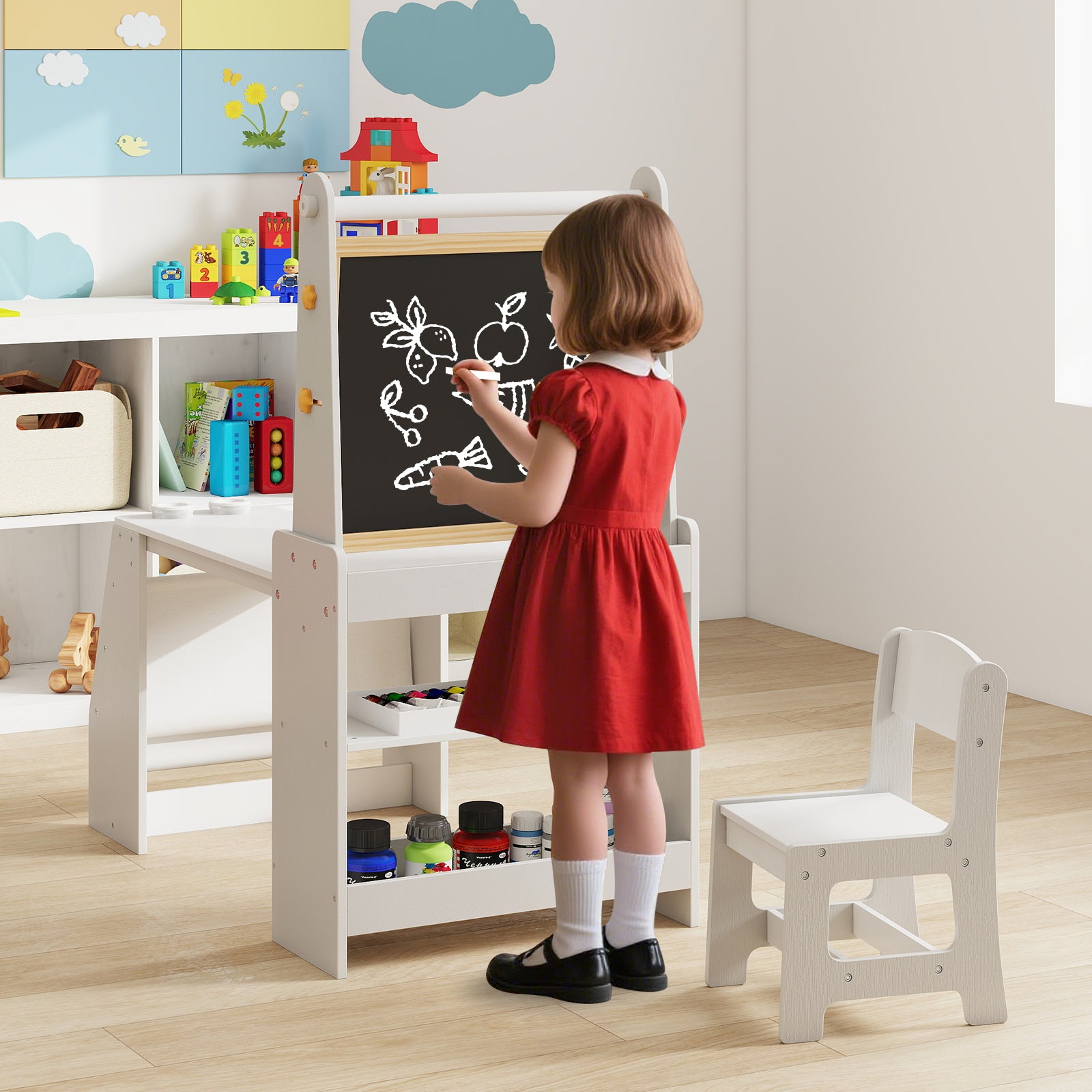 Barnkonstbord – och stolset Barnbord med staffli Whiteboard griffeltavla – Grå