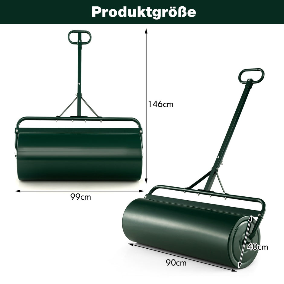 Gräsmatta – metall handrulle med handtag trädgårdsrulle fylld vatten/sand – 113 L Ø 40 cm – Grön