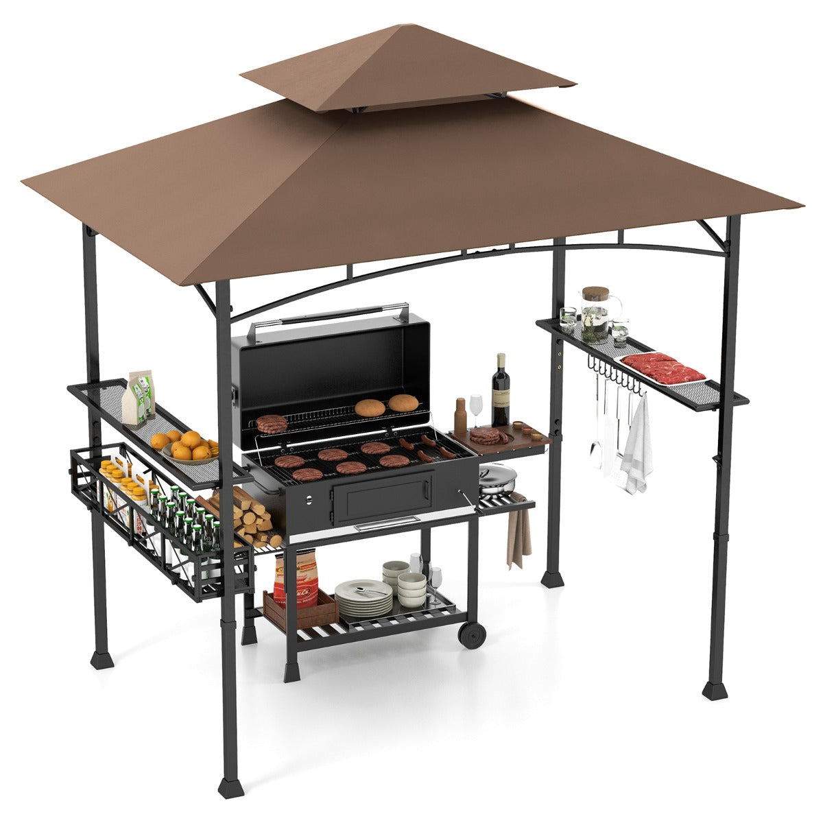 Grillpaviljong – med dubbelt tak och sidobord metallkorg grillöverbyggnader grillskydd – Brun