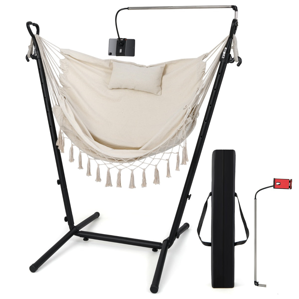 Hängstol – med stativ Höjdjusterbar hängsits dyna belastning upp till – 152 x 107 x 96-146 cm 250 kg – Beige