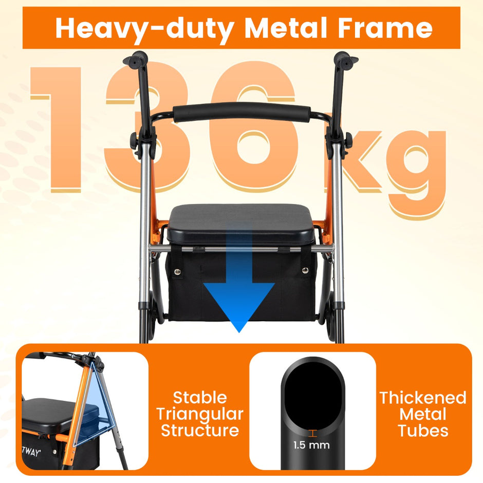 Fällbar – Resrollator Höjdjusterbar Med Sits Korg Lätt Aluminium Upp Till För Seniorer Orange + – 136 kg – Svart