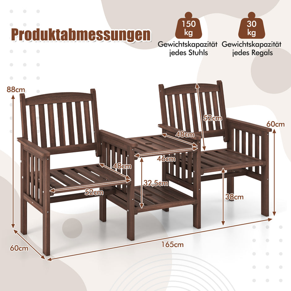 Utomhussoffa – i granträ med stegs sidobord + stort parasollhål sits trädgårdsstol – 2 5 cm 2 – Brun