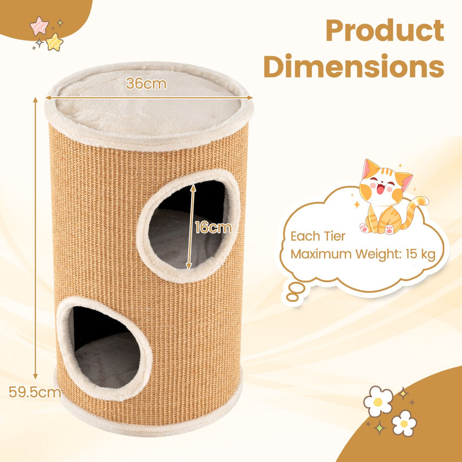 Klösburk – med sisal klösbräda och kattgrottor plyschbädd Kattburk – 3 Ø 36 cm – Beige
