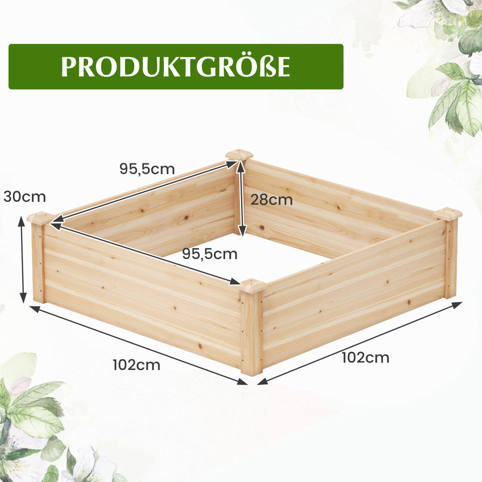 Blomlåda – Högbädd Trä Planteringslåda Fyrkantig Trädgårdsbädd med Öppen Botten Planteringsbädd för Gräsmatta Terrass – 102 x 102 x 30 cm – Natur