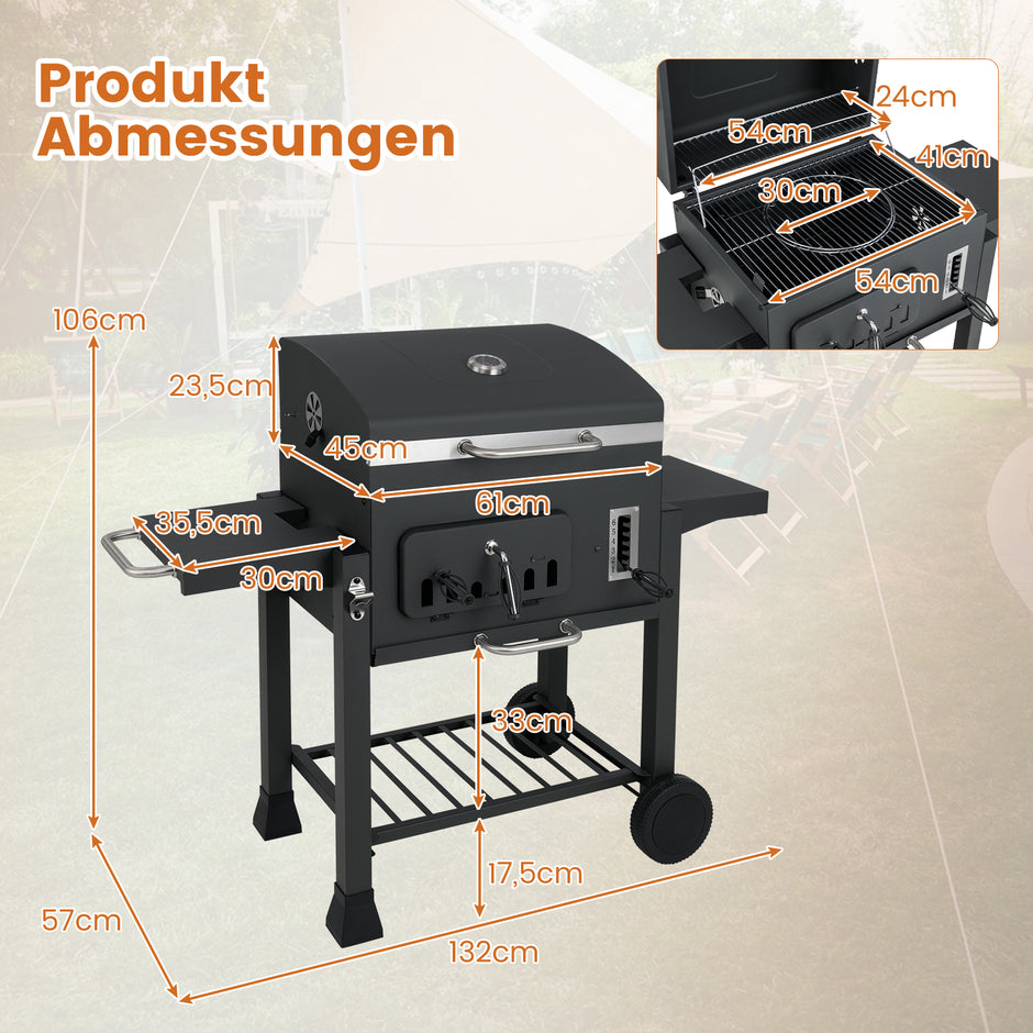 Fass – Holzkolsgrill med fällbara sidobord Utomhusgrill förvaringsfack och hjul – 2 – Svart