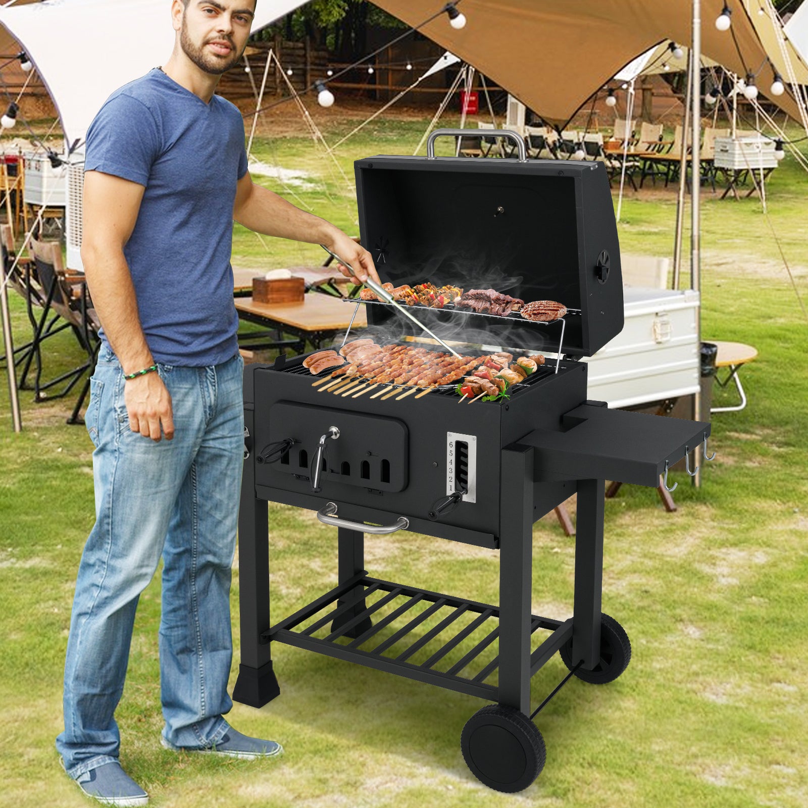 Fass – Holzkolsgrill med fällbara sidobord Utomhusgrill förvaringsfack och hjul – 2 – Svart