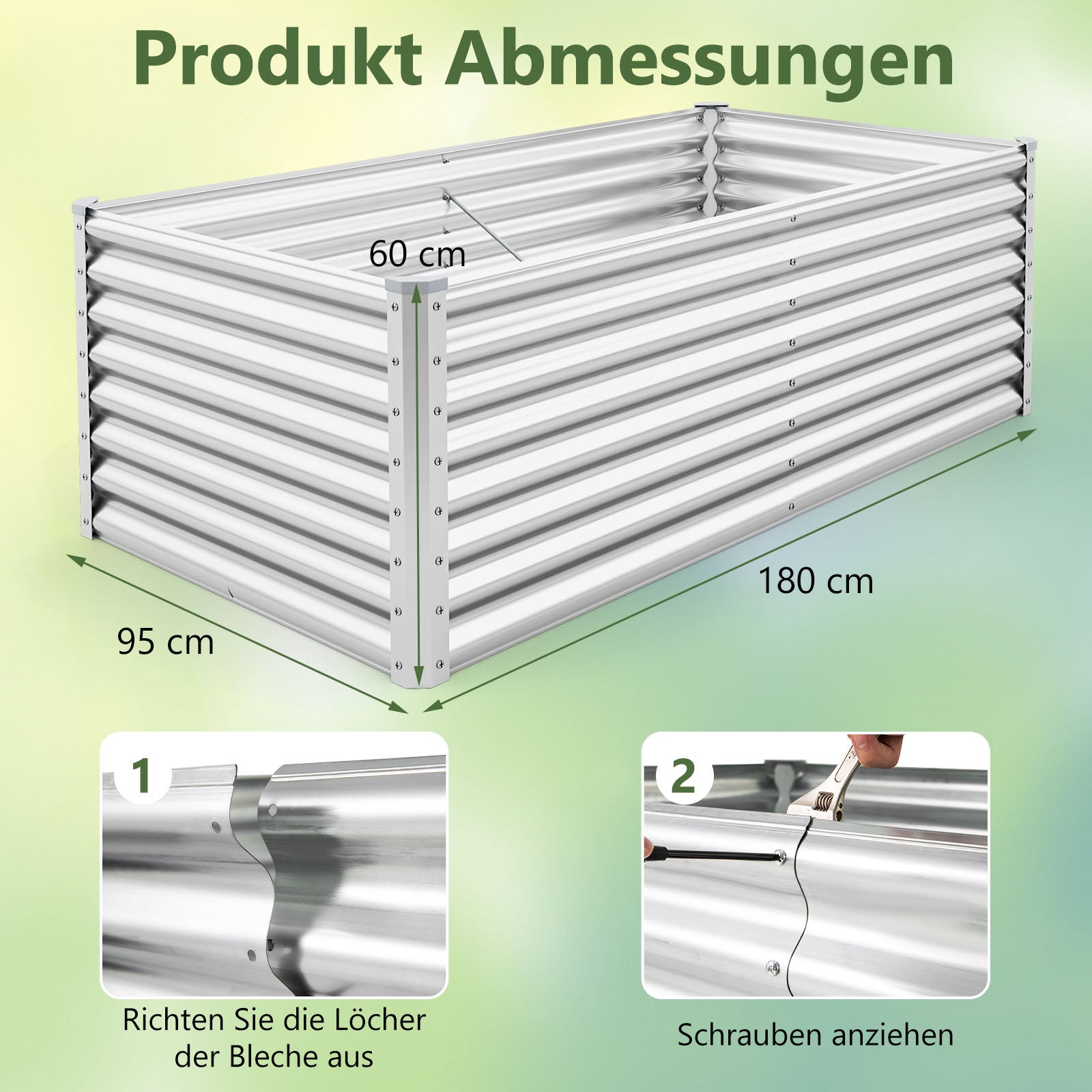 Metall – Högbädd Växtlåda Rektangulärt Förkultiveringsbädd med förstärkta stänger och öppen botten – 180 x 95 x 60 cm – Silver