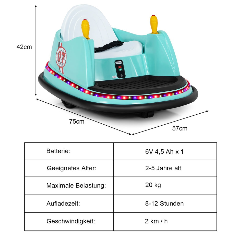 6V – åkbar bil med färgglada lampor, fjärrkontroll och graders rotation Bumper Car – 360 – Grön
