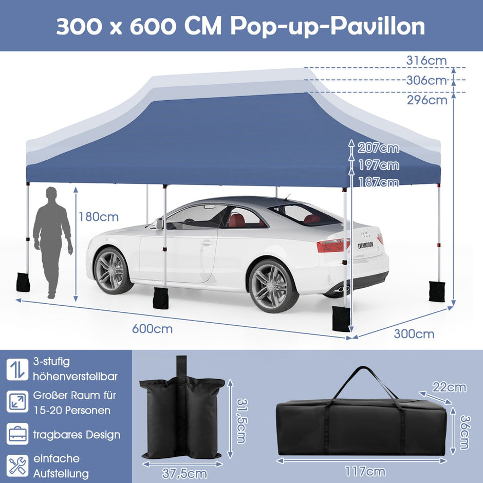 Stort – pop up tält med vikbar konstruktion och bärväska – 300 x 600 cm – Blå