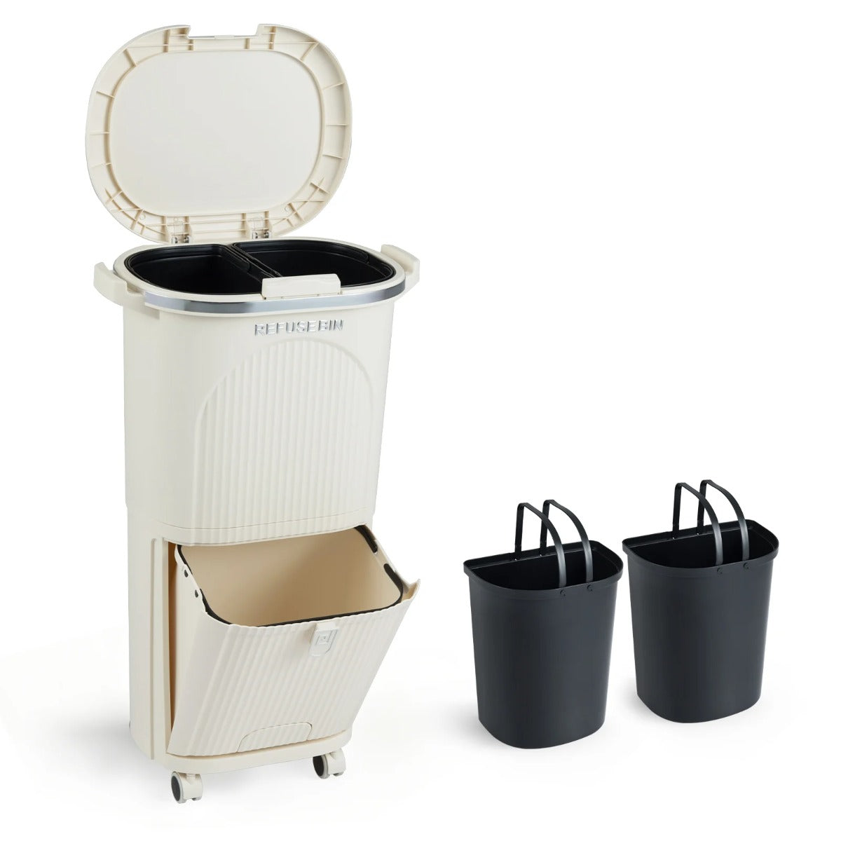 38L – kökssoptunna med lock, uttagbara behållare, fotpedal och hjul – 2 – Beige