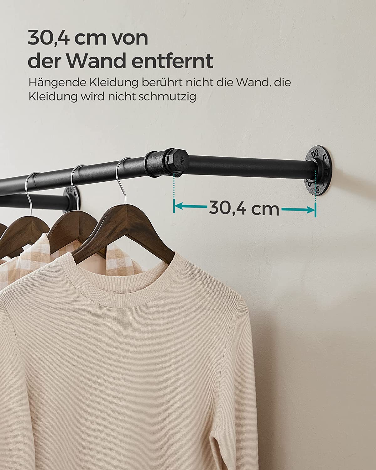 Klädstång - vägggarderob - industriell - 68 kg lastkapacitet - svart