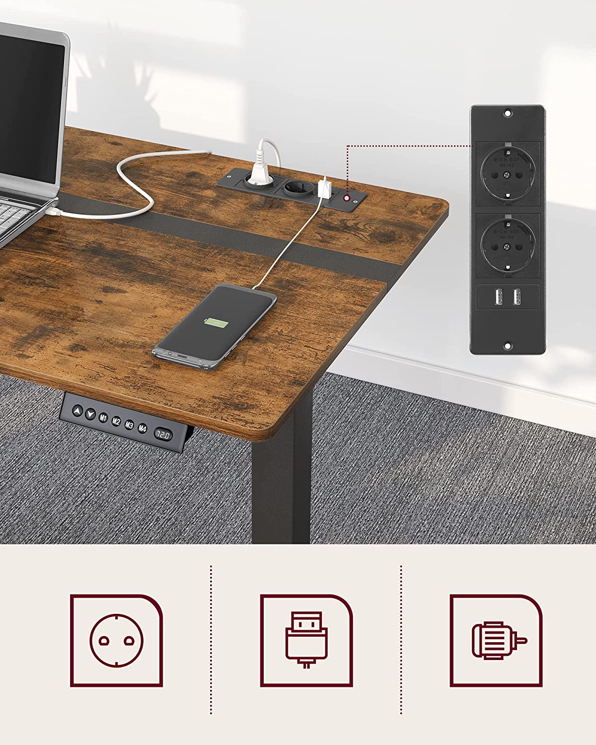 Elektriskt skrivbord - Höjd justerbar - med uttag