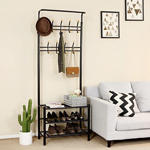 Coat Rack - med 3 skosträd - med 18 krokar - Metall - 68,8 x 35,2 x 187 cm