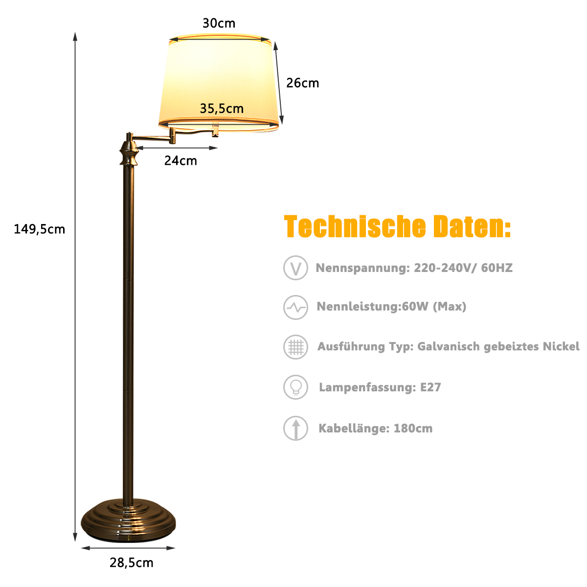 Golvlampa – med sockel och lampskärm för läsning Beige+silver – 35,5 x 152 cm – Brun