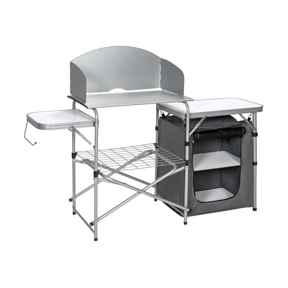 Fällbar – campingköksskåp med vindskydd och förvaringsväska, bärbar campingfällskåp, aluminiumram, – . – Grå