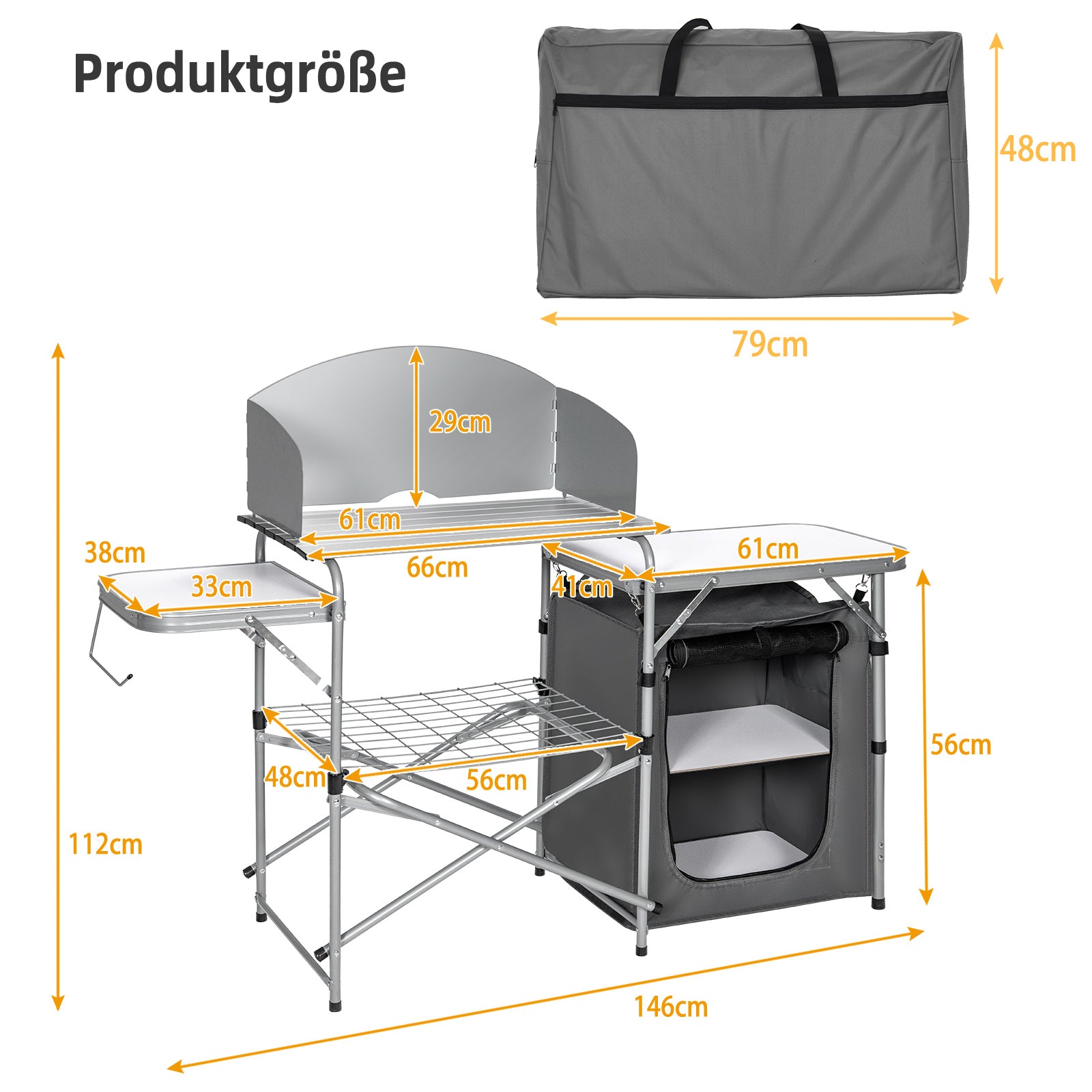 Fällbar – campingköksskåp med vindskydd och förvaringsväska, bärbar campingfällskåp, aluminiumram, – . – Grå