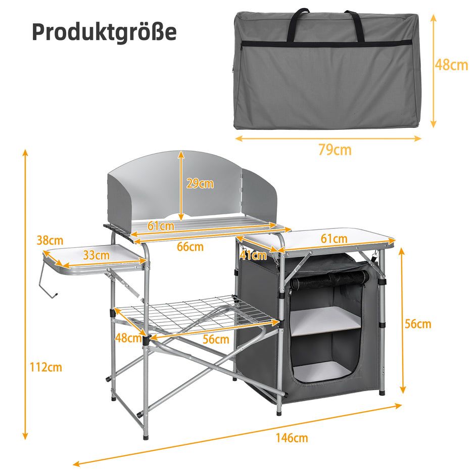 Fällbar – campingköksskåp med vindskydd och förvaringsväska, bärbar campingfällskåp, aluminiumram, – . – Grå