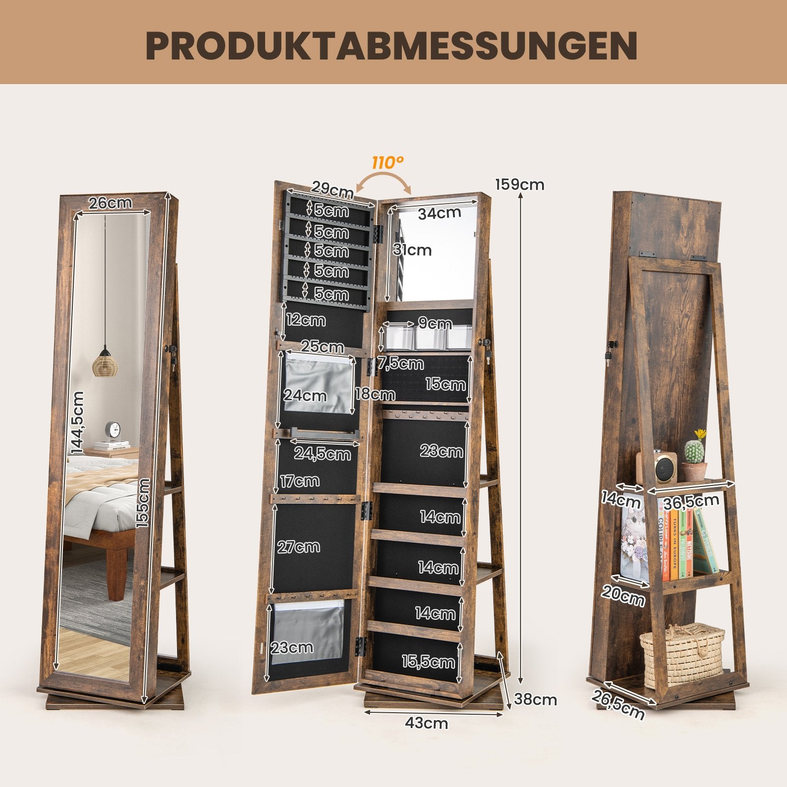 360° – roterbar smyckesskåp smyckesorganisatör med helkroppsspegel bakhyllor spegelskåp fristående vintagebrun – Brun