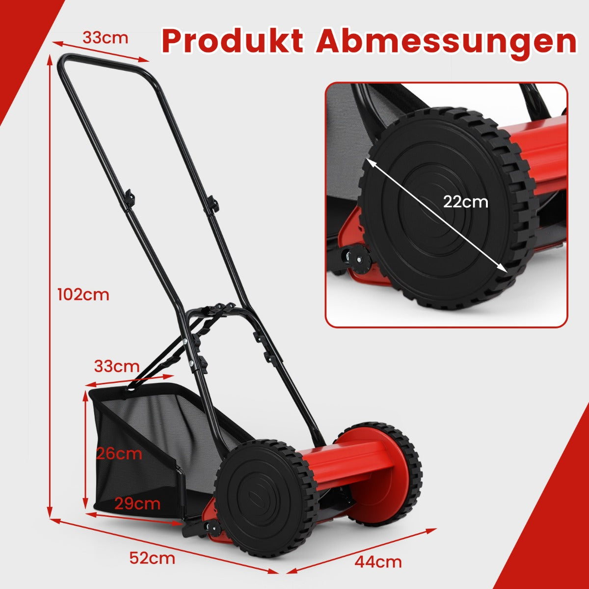 Spindelklippare – handdriven gräsklippare med klippbredd liter uppsamlare – 30 cm 18,5 – Röd