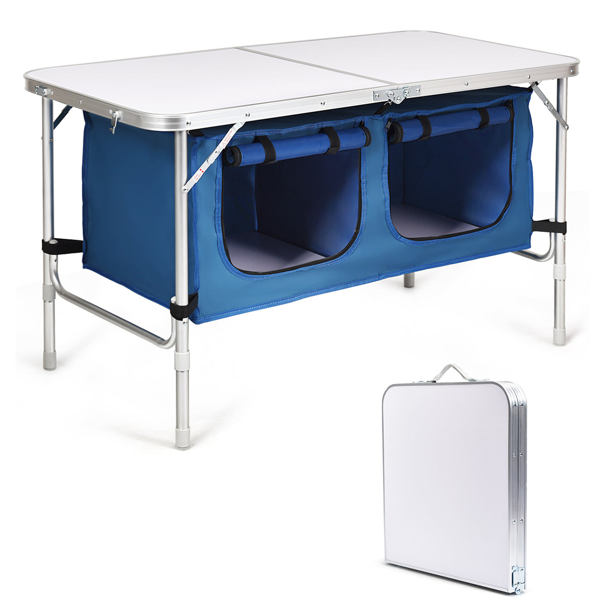 Campingbord – med stort förvaringsutrymme, rese kök, aluminium, hopfällbart trädgårdsbord, mörkblå. – Vit