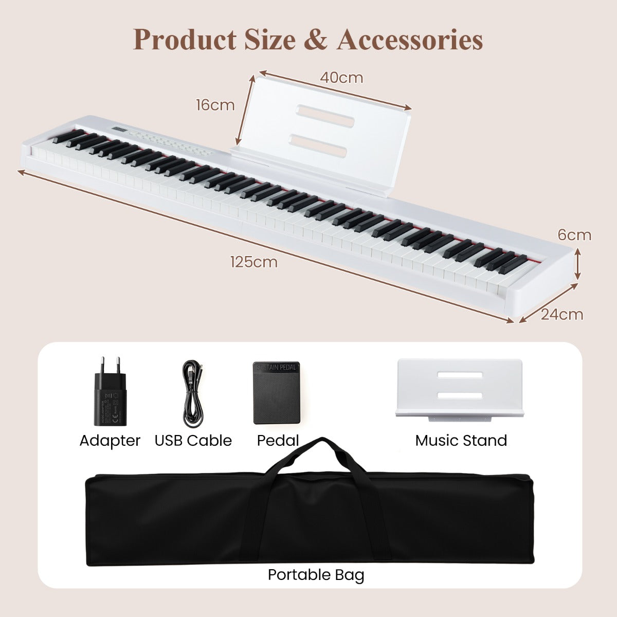 tangenter – digitalt piano bärbart fullformat elektriskt keyboard vitt – 88 – Vit