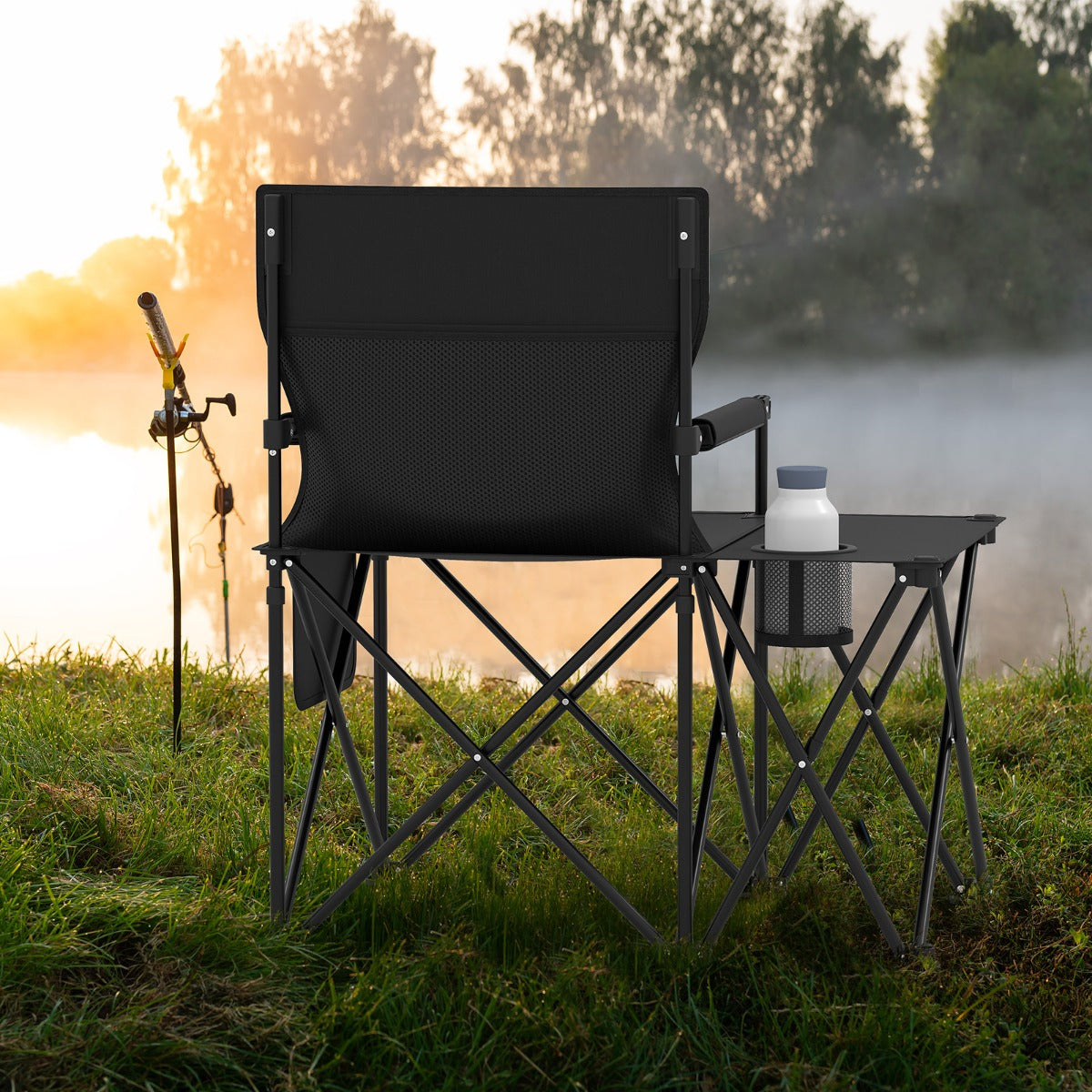 Fällbar – campingstol pack Klappstol med sidobord, mugghållare och sidoficka – 2 – Svart