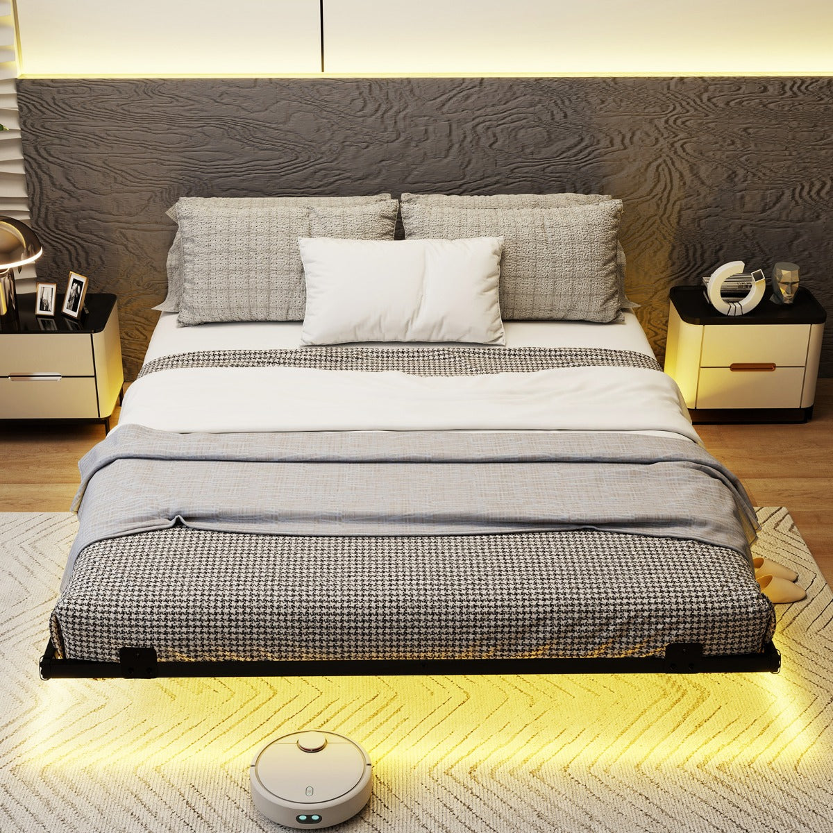 Queen – Size Svängsängsställning mit LED Belysning Modern Sängställning av Metall – 160 x 200 cm – Svart