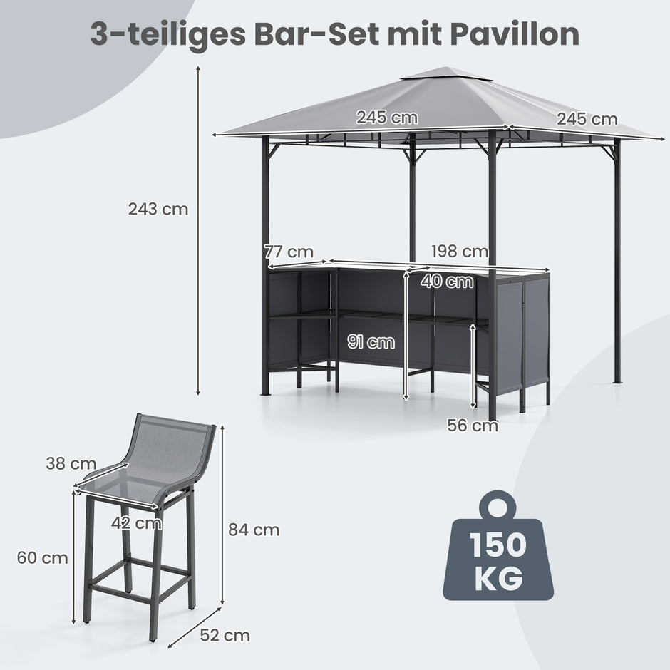 Grillpaviljong – med bar och stolar, trädgårdspaviljong dubbelt tak, delat barsats – 2 3 – Grå