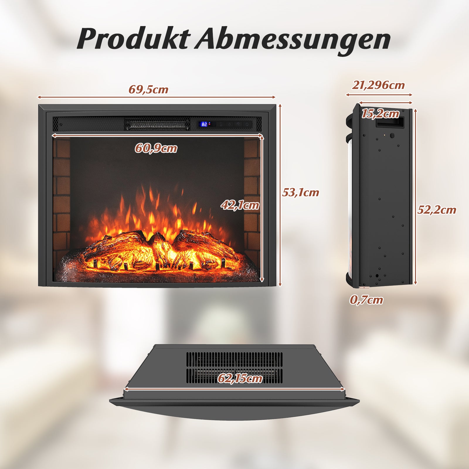 1500W – Elektrisk kamin med värme och fjärrkontroll överhettningsskydd inbyggd – Svart