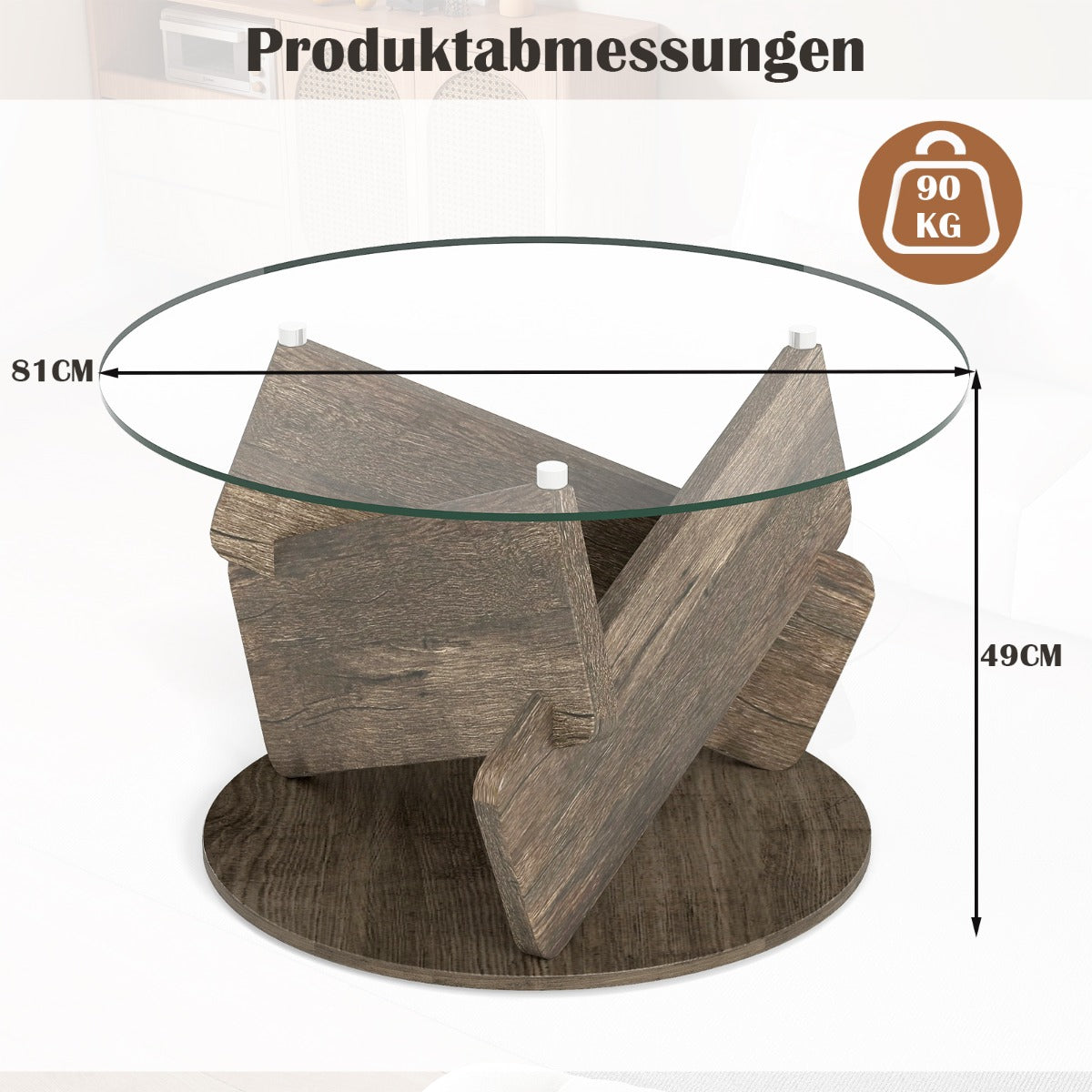 Rund – glasbord med härdat och massivträram Modernt soffbord – Ø 81 cm – Grå