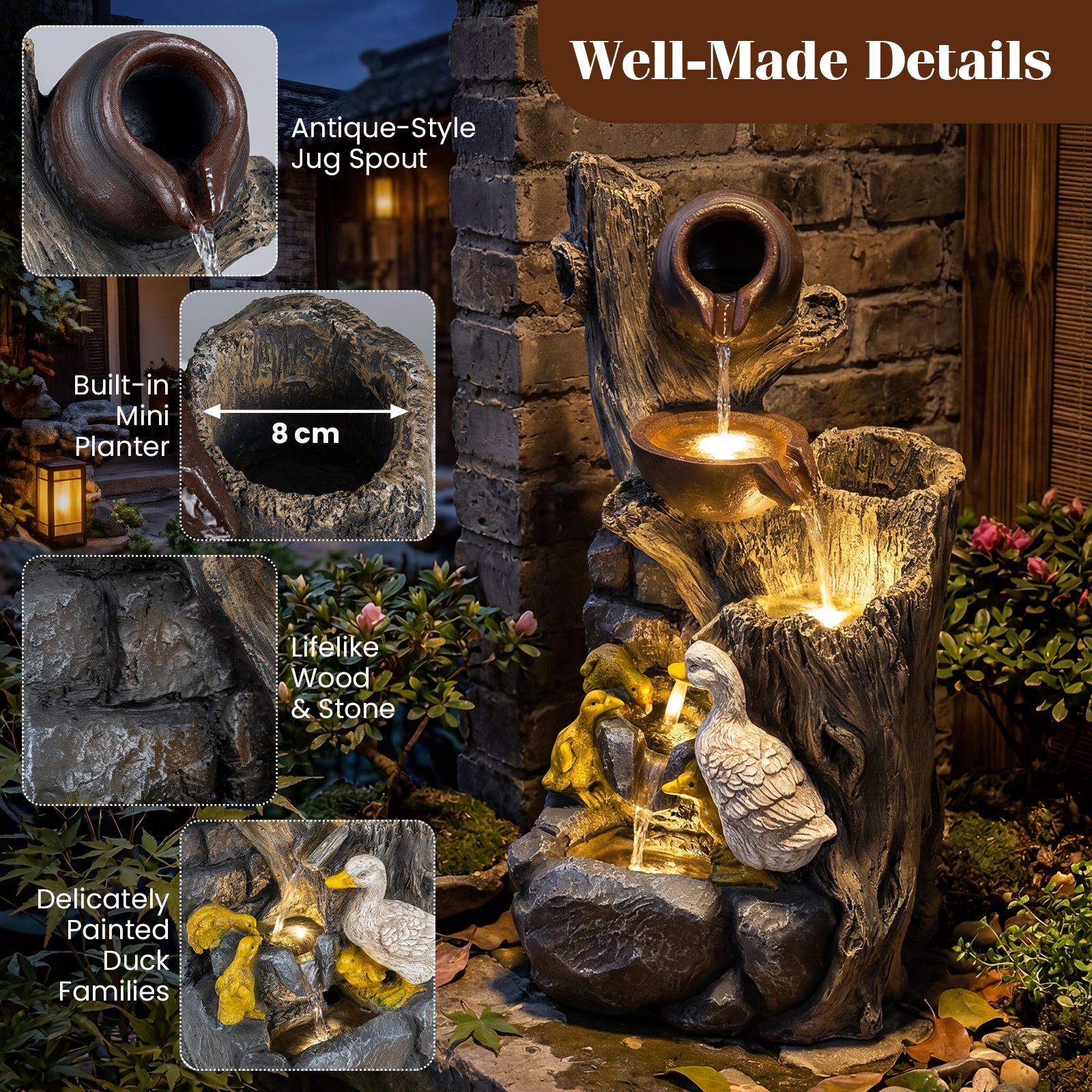 stegs – trädgårdsfontän med LED belysning dekorativ prydnadsfontän anka motiv vattenfall – 4 30 x 27 x 57 cm – Grå